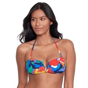 Lauren Ralph Lauren Women Swimsuit Bikini Top Floral Print Blue Strapless Size 8